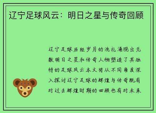 辽宁足球风云：明日之星与传奇回顾